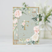 Monogram Letter F Elegant Green Floral Rose Dankeskarte (Stehend Vorderseite)