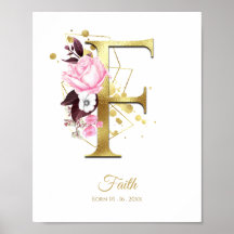 Monogram Letter F Gold Foil & Pink Floral Kinderzi