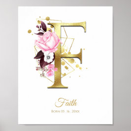 Monogram Letter F Gold Foil & Pink Floral Kinderzi Poster