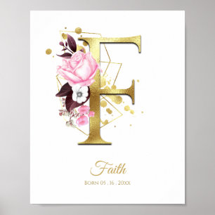Monogram Letter F Gold Foil & Pink Floral Kinderzi Poster