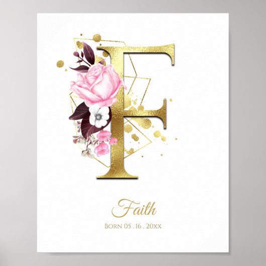 Monogram Letter F Gold Foil & Pink Floral Kinderzi Poster (Vorne)