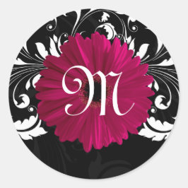 Monogram Letter Fuchsia, Black/White Gerbera Daisy Runder Aufkleber