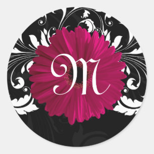 Monogram Letter Fuchsia, Black/White Gerbery Daisy Runder Aufkleber