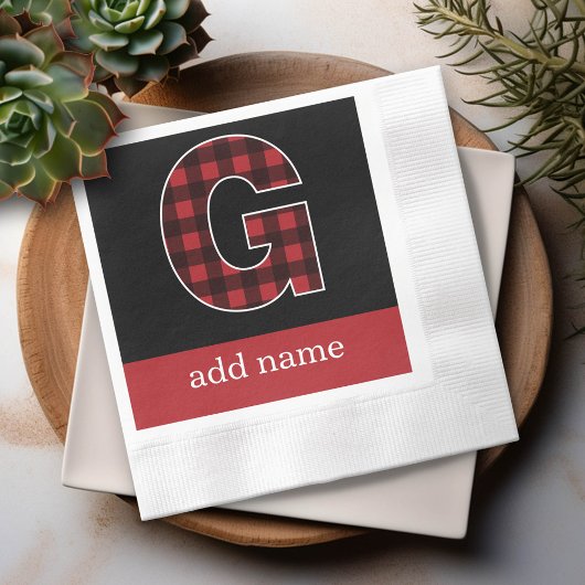 Monogram Letter G - Black and Red Buffalo Kariert Serviette