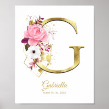Monogram Letter G Gold Foil & Pink Floral Kinderzi