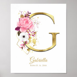 Monogram Letter G Gold Foil & Pink Floral Kinderzi Poster