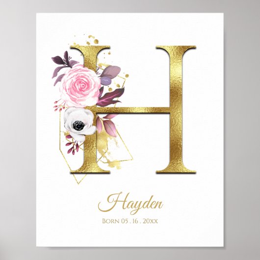 Monogram Letter H Gold Foil & Pink Floral Kinderzi Poster (Vorne)
