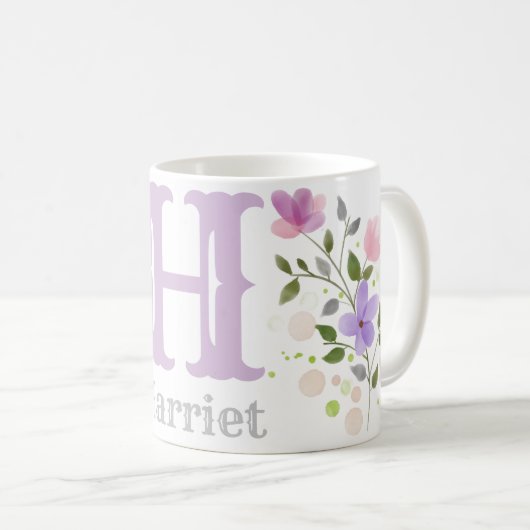 Monogram Letter H & Name mit Blume Kaffeetasse (VorderseiteRechts)