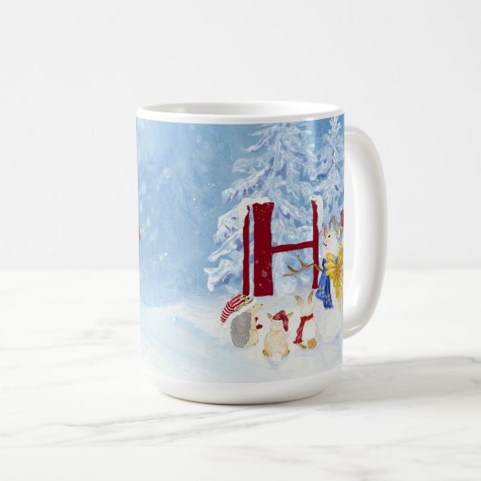 Monogram Letter H Winter Trees Weihnachtsschneeman Kaffeetasse (VorderseiteRechts)