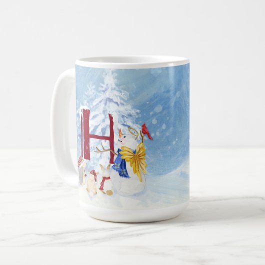 Monogram Letter H Winter Trees Weihnachtsschneeman Kaffeetasse (Vorderseite Links)