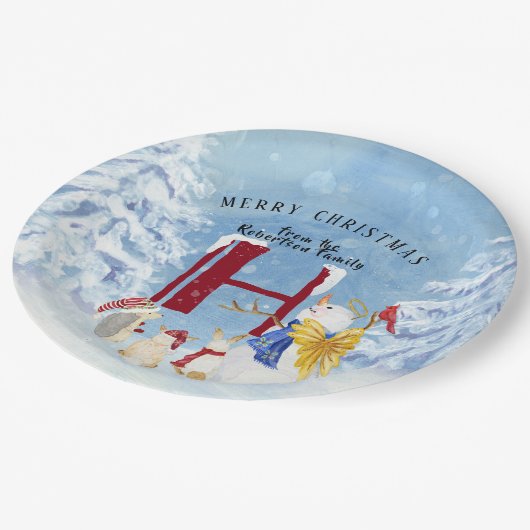 Monogram Letter H Winter Trees Weihnachtsschneeman Pappteller (Schrägansicht)