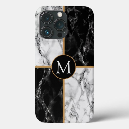 Monogram Letter iPhone Case Schwarz-weiß Marble (Rückseite)
