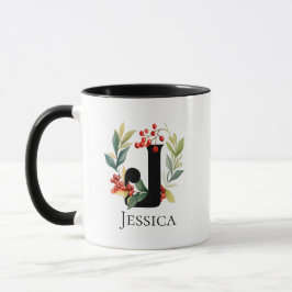 Monogram Letter J Christmas Berry Wreath Tasse