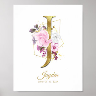 Monogram Letter J Gold Foil & Pink Floral Kinderzi Poster