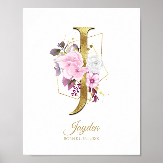 Monogram Letter J Gold Foil & Pink Floral Kinderzi Poster (Vorne)