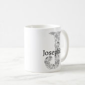 Monogram Letter J Schwarz-weiß Botanisch Floral Kaffeetasse (VorderseiteRechts)