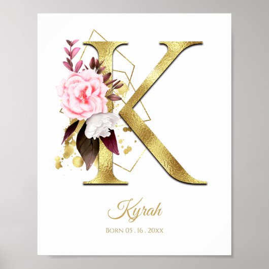 Monogram Letter K Gold Foil & Pink Floral Kinderzi Poster (Vorne)