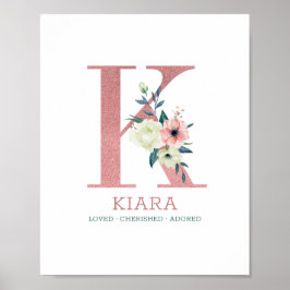 Monogram Letter K Pink Watercolor Floral Kinderzim Poster
