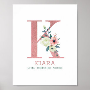 Monogram Letter K Pink Watercolor Floral Kinderzim Poster