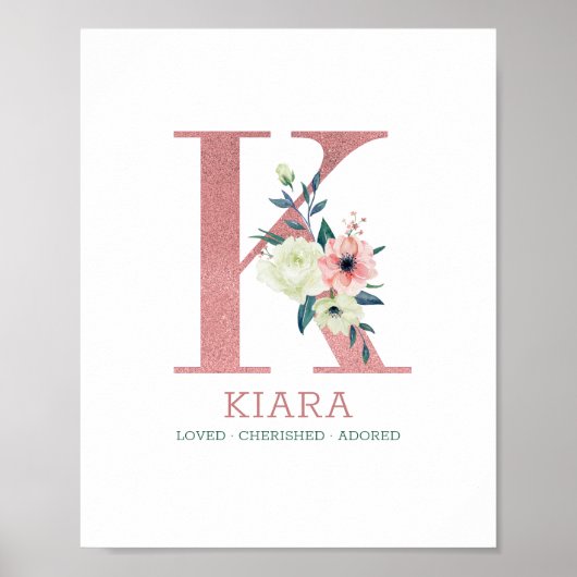 Monogram Letter K Pink Watercolor Floral Kinderzim Poster (Vorne)