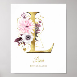 Monogram Letter L Gold Foil & Pink Floral Kinderzi Poster