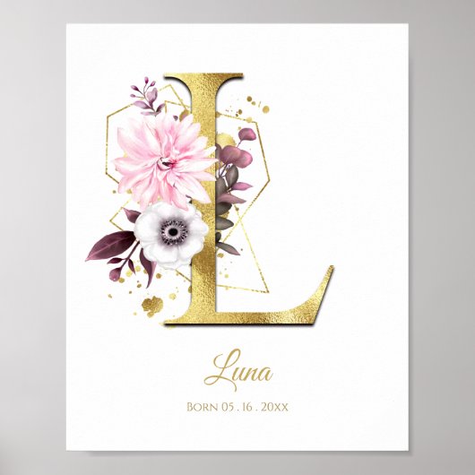 Monogram Letter L Gold Foil & Pink Floral Kinderzi Poster (Vorne)