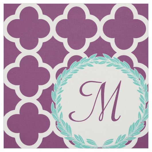 Monogram Letter Lila Aquamarin Laurel Quatrefoil Stoff (Muster)