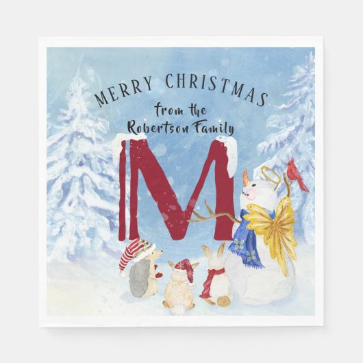 Monogram Letter M Angel Snowman Weihnachten Serviette (Vorderseite)