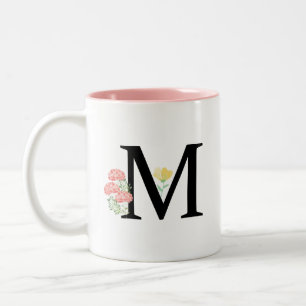 Monogram Letter M Aquarell-Rose Floral Spray Zweifarbige Tasse