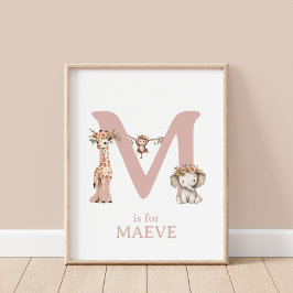 Monogram Letter M Boho Jungle Animal Kinderzimmer Poster
