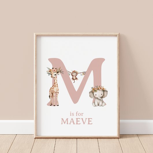 Monogram Letter M Boho Jungle Animal Kinderzimmer  Poster
