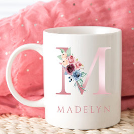 Monogram Letter M Floral Watercolor Coffee Tasse