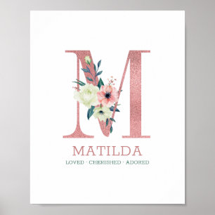 Monogram Letter M Pink Watercolor Floral Kinderzim Poster