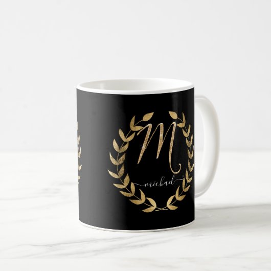 Monogram Letter M Script Black n Gold Name Kaffeetasse (VorderseiteRechts)