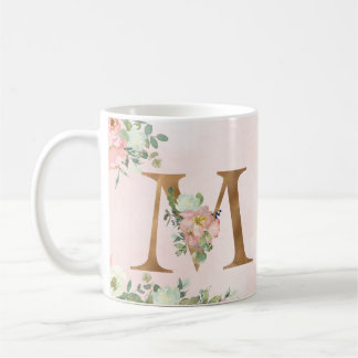 Monogram Letter M Watercolor Floral Coffee Tasse