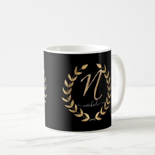 Monogram Letter N Black n Gold Script Name Kaffeetasse (VorderseiteRechts)