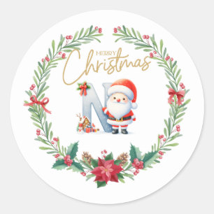 Monogram Letter N, Christmas Wreath w/Santa Claus Runder Aufkleber