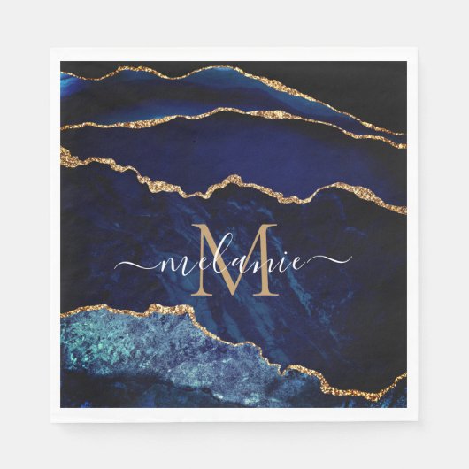 Monogram Letter Name Agate Navy Blue Gold Napkins Serviette (Vorderseite)