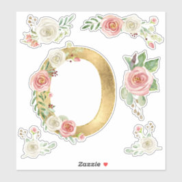 Monogram Letter O Pink Rose Floral Leaaf Wasserfar Aufkleber
