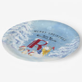 Monogram Letter R Frohe Weihnachts Angel Snowman Pappteller (Schrägansicht)