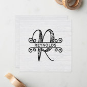 Monogram Letter R mit Familienname Mitteilungskarte (Vorderseite/Rückseite Beispiel)