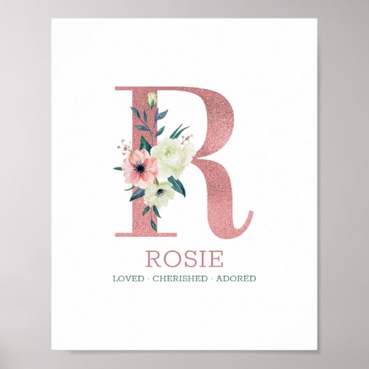 Monogram Letter R Pink Watercolor Floral Kinderzim Poster (Vorne)
