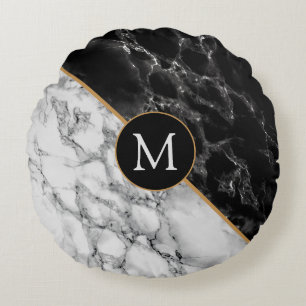 Monogram Letter Round Pillow Schwarz-weiß Marble Rundes Kissen