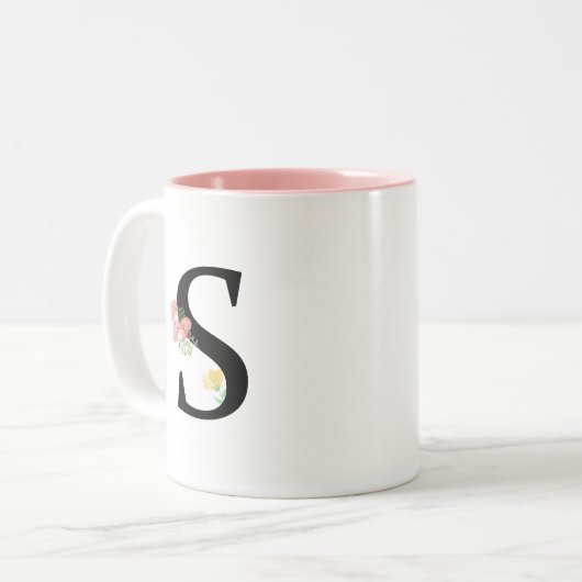 Monogram Letter S Aquarellfarben Blume Rosa Bouque Zweifarbige Tasse (Vorderseite Links)