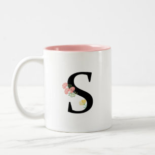 Monogram Letter S Aquarellfarben Blume Rosa Bouque Zweifarbige Tasse