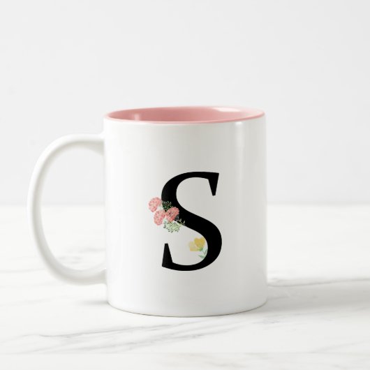 Monogram Letter S Aquarellfarben Blume Rosa Bouque Zweifarbige Tasse (Links)