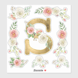 Monogram Letter S Pink Rose Floral Leaf Aquarell Aufkleber