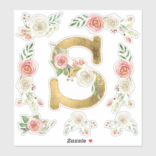 Monogram Letter S Pink Rose Floral Leaf Aquarell Aufkleber (Blatt)