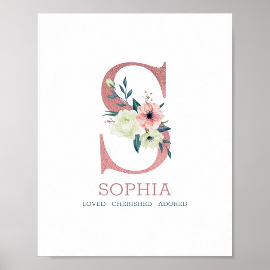 Monogram Letter S Pink Watercolor Floral Kinderzim Poster (Vorne)