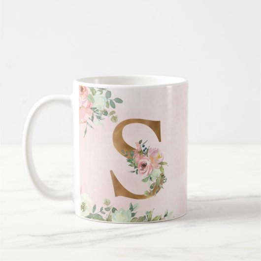 Monogram Letter S Watercolor Floral Coffee Tasse (Links)